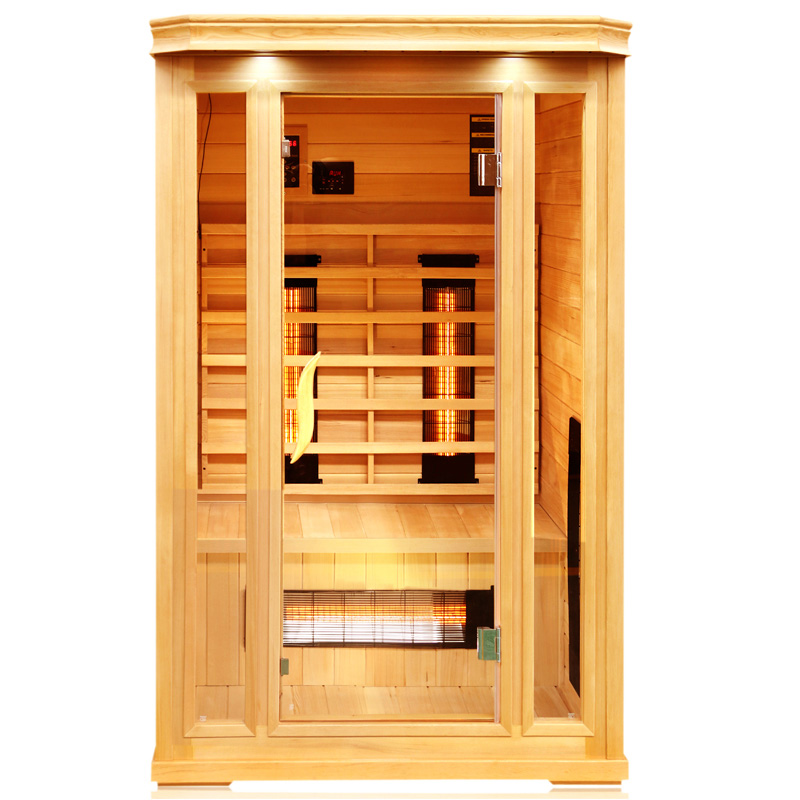 Far infrared sauna room with glass heater
