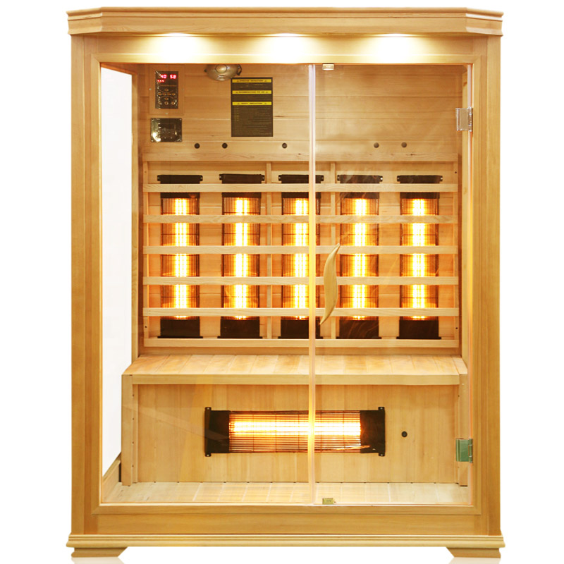 3 people sauna room with glass heater