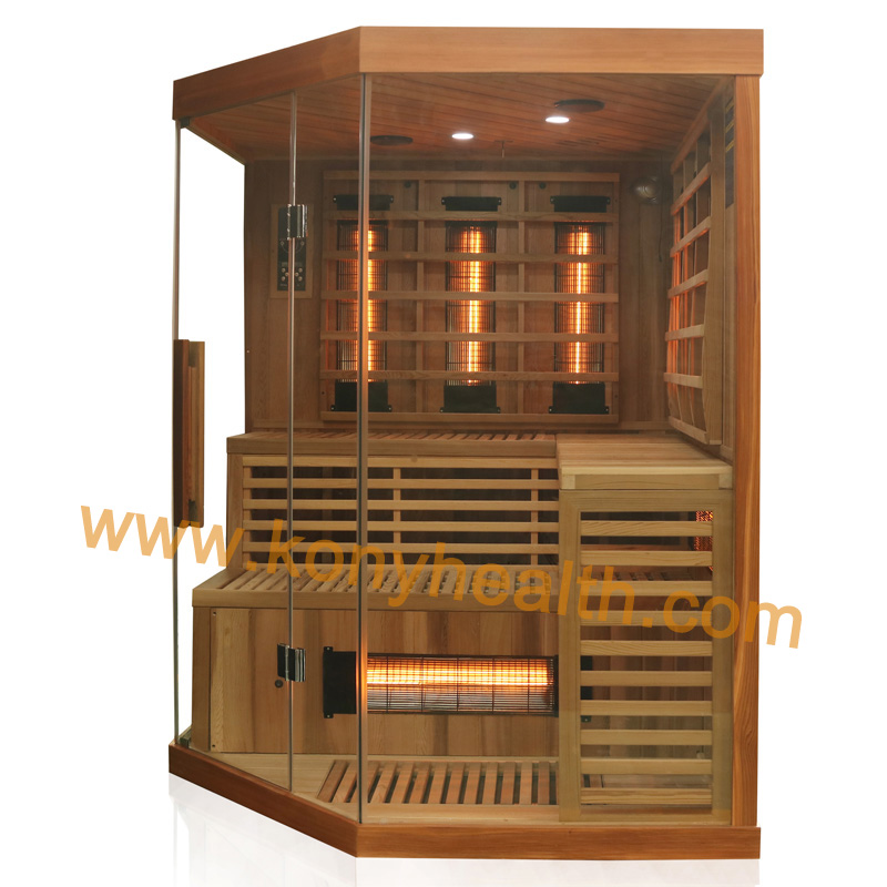 big cedar wood corner sauna room